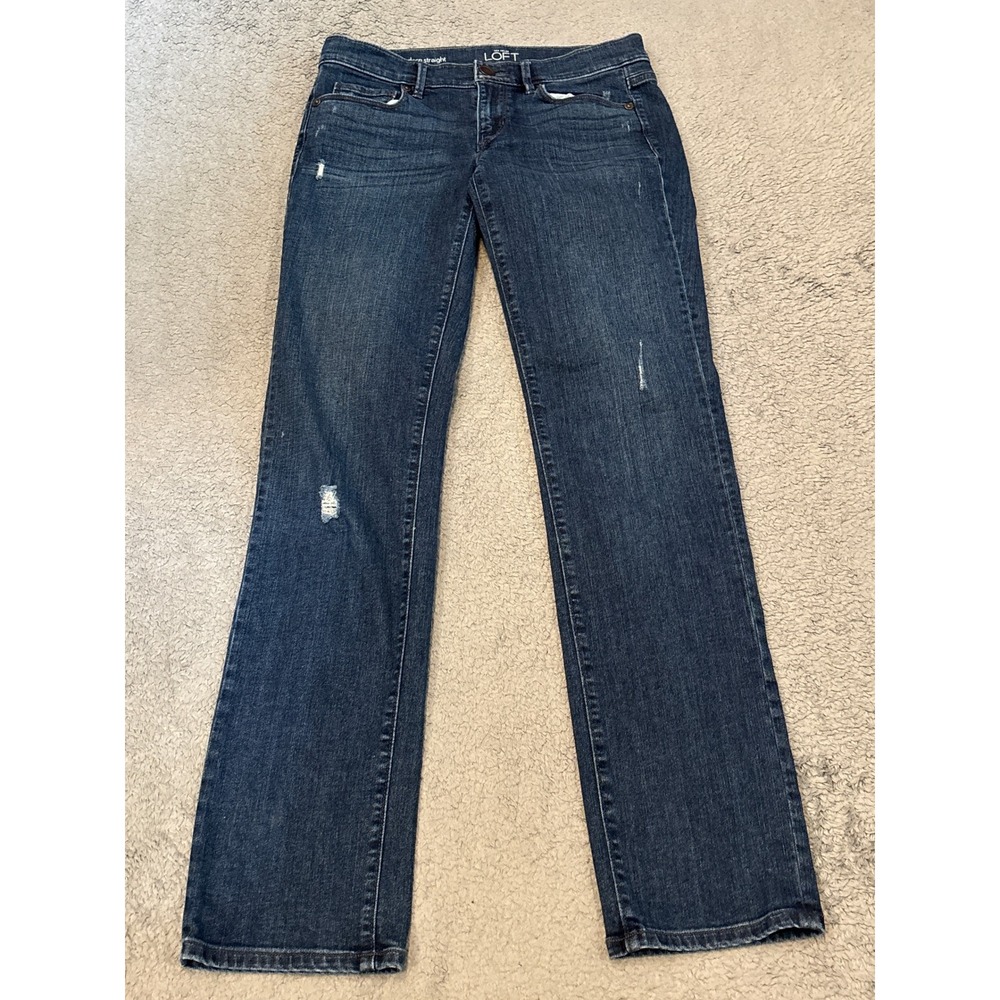 Ann Taylor Loft Modern Straight Jeans Size 26/2 Dark Wash Distressed Denim
